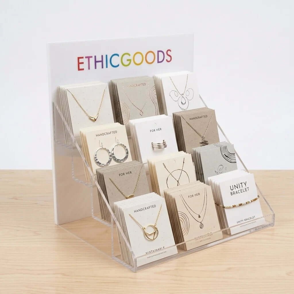 4-tier white and clear acrylic display stand with 10mm backboard for jewelry cards and greeting cards
