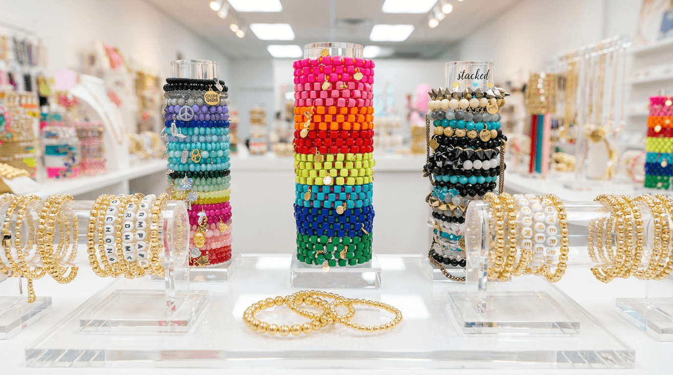 Large-scale acrylic bracelet holder projects featuring custom vertical stands for jewelry brand store fixtures.