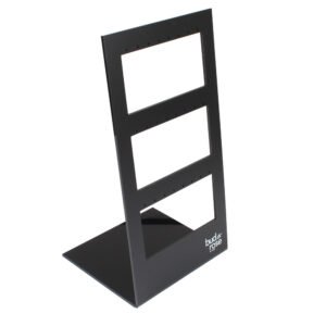 L-shaped black acrylic jewelry display earring holder with 3 tiers for retail shop earring organization.