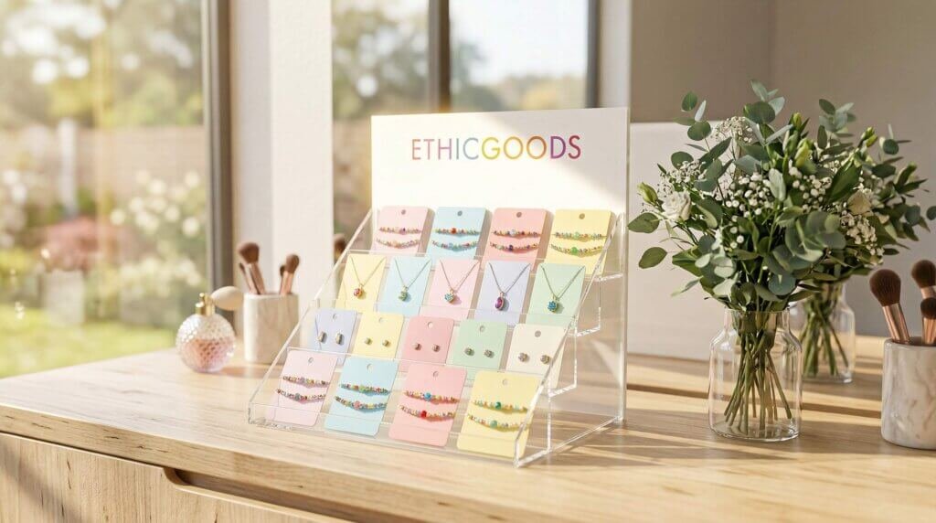 4-tier acrylic jewelry card display stand with 10mm white backboard and 5mm clear tiers for earring or necklace cards