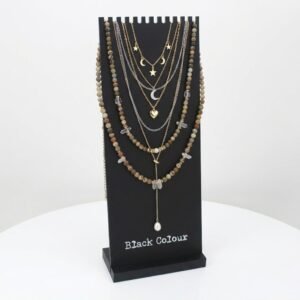Black acrylic necklace display stand with 12 slots and stable 1-inch thick base.