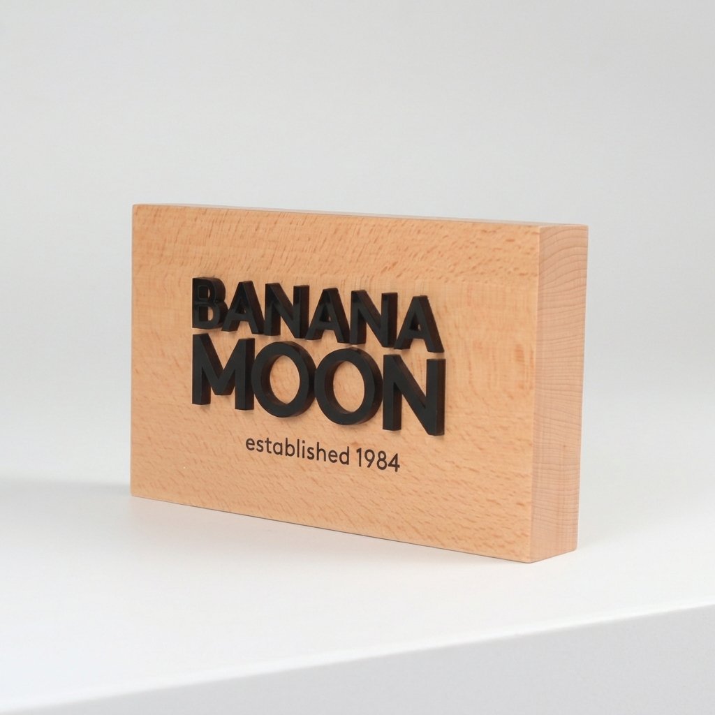 Custom 3D engraved beech wood block sign, 10x5x1 inch, featuring a branded logo for premium tabletop display.