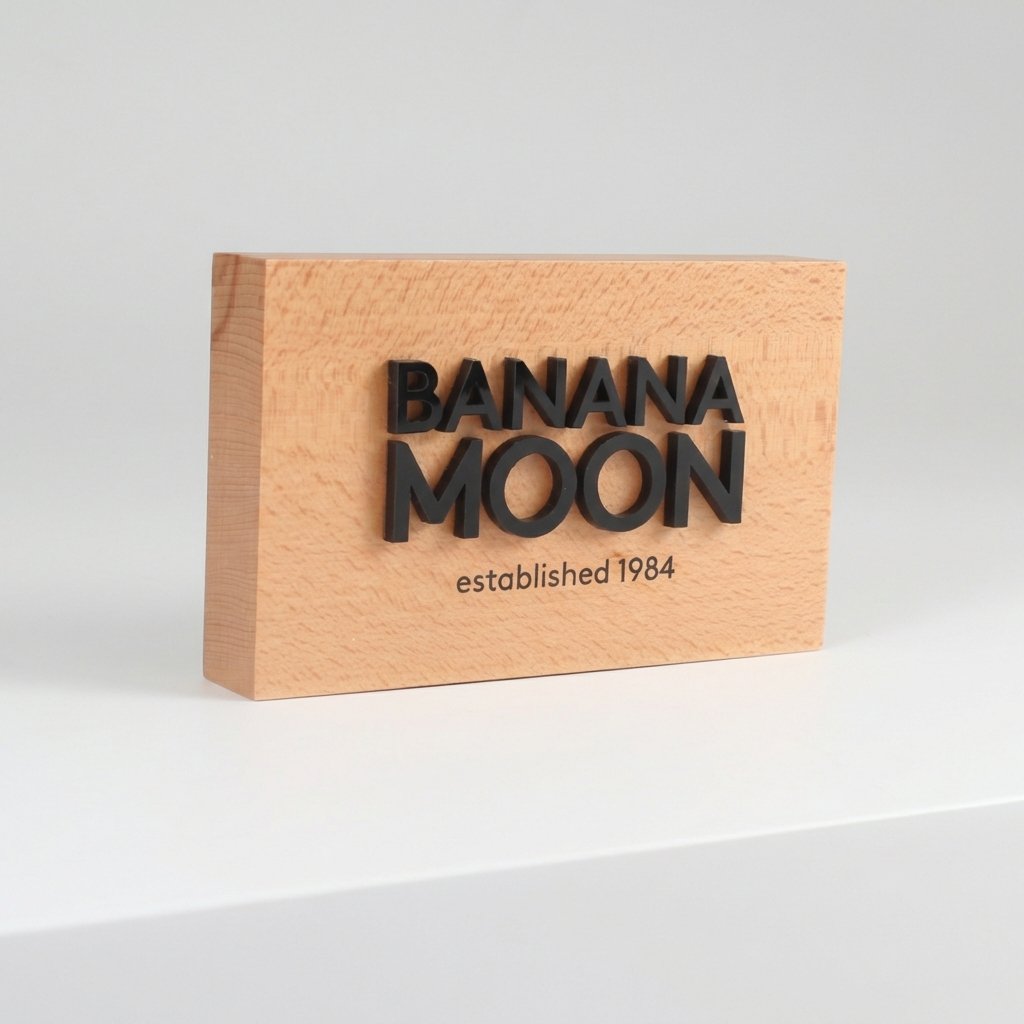 Natural beech wood table sign with custom 3D engraved logo for retail counter and office branding, 10x5x1 inch.