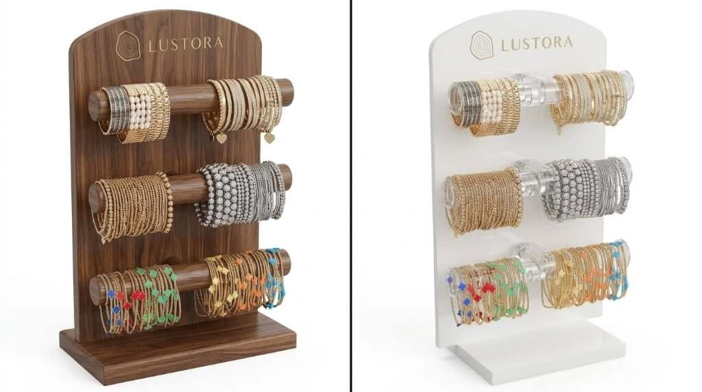 5 Reasons an Acrylic Jewelry Display Outshines Wood for Success 1 3-tier clear acrylic T-bar bracelet holder with polished edges for retail counter jewelry display.