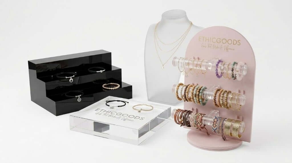 5 Reasons an Acrylic Jewelry Display Outshines Wood for Success 2 High-transparency clear acrylic jewelry display stand with polished edges for modern luxury retail window showcases.