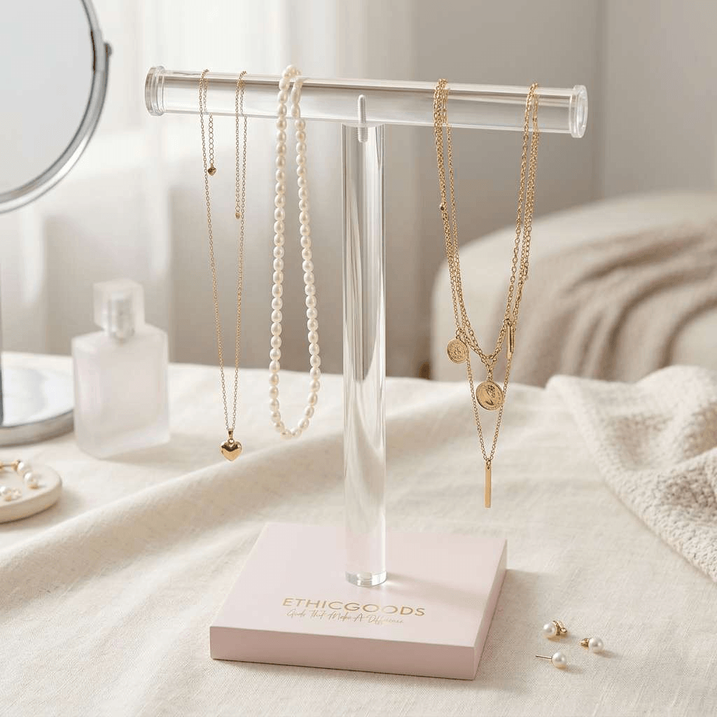 T Bar Necklace Stand with Pink Base & Gold Logo for Long Chains