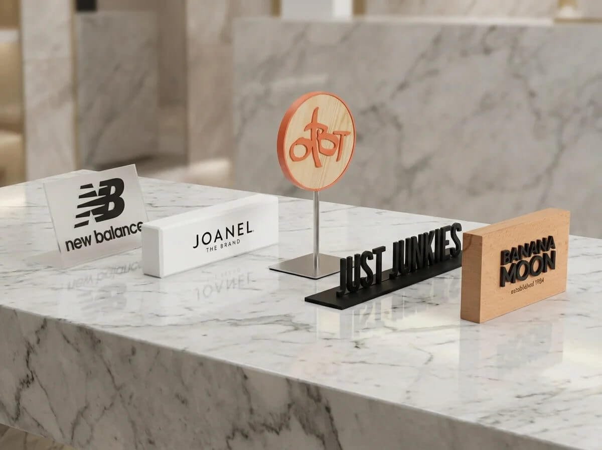 Custom branding blocks in acrylic, wood, and metal with UV printed and engraved logos for retail countertop displays.
