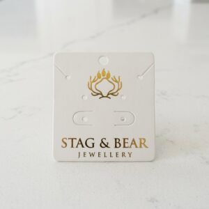 Custom 700g white paper jewelry display card with gold foil logo for necklace and earring presentation, model YJC001.