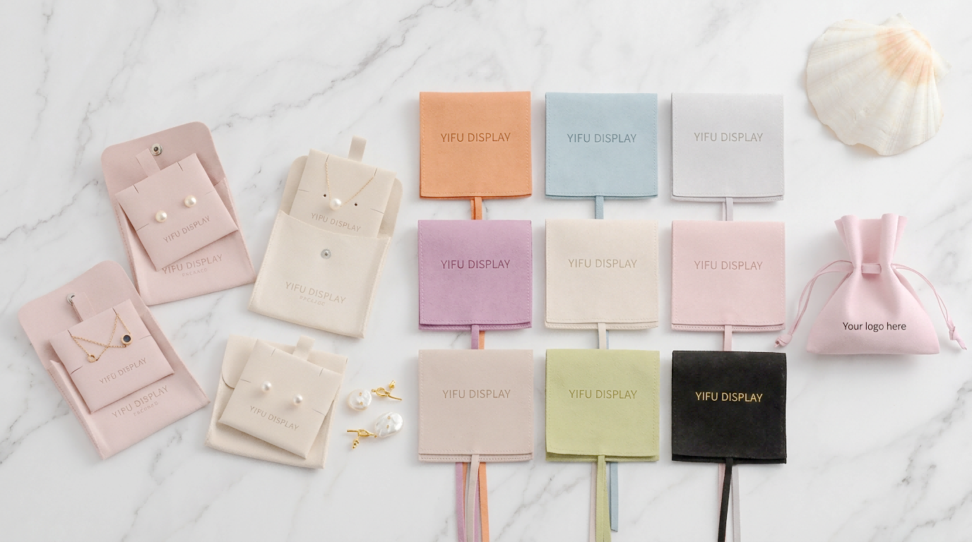 Various custom jewelry packaging styles including button and drawstring pouches in multiple colors for small business branding.