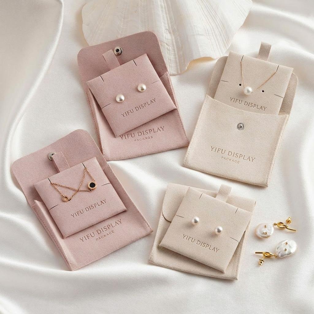 Square microfiber jewelry pouch with button closure and custom gold foil logo for necklaces and earrings