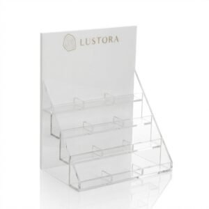 3-tier white acrylic earring card display stand with transparent slots for jewelry retail card presentation.