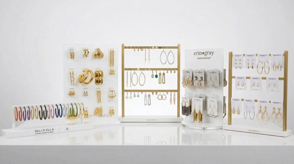Retail earring holder ideas featuring custom cards on a rotating rack.