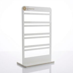 White acrylic desktop jewelry card display stand with 80-degree slant back for earrings and necklaces.
