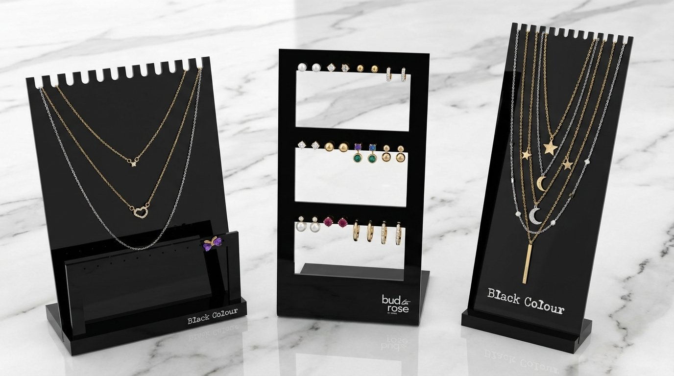 Durable 3-tier black acrylic earring display stand for markets, featuring 24 holes and a 70-degree viewing angle.
