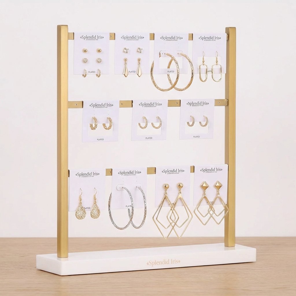 Earring Jewelry Display | 3-Tier Gold & White Boutique Stand for Selling
