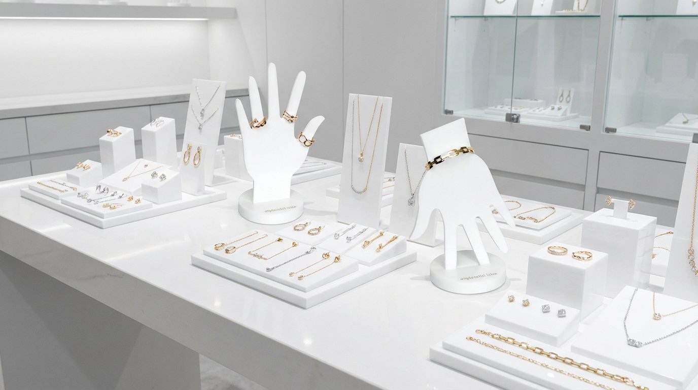 Creative handbag display ideas for shop using white acrylic hand stands to showcase luxury clutches and accessories.
