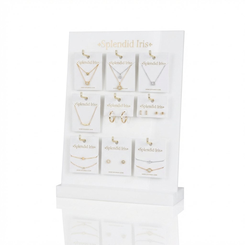 Hook Display Stand | White Acrylic & 9 Gold Hooks for Jewelry Cards