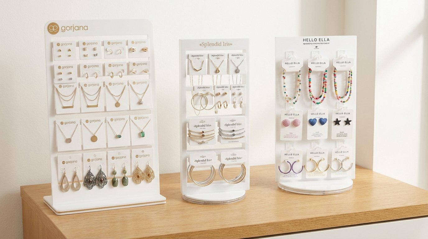 Professional white acrylic jewelry card display for earrings, necklaces, and rings with a stable 1-inch thick base