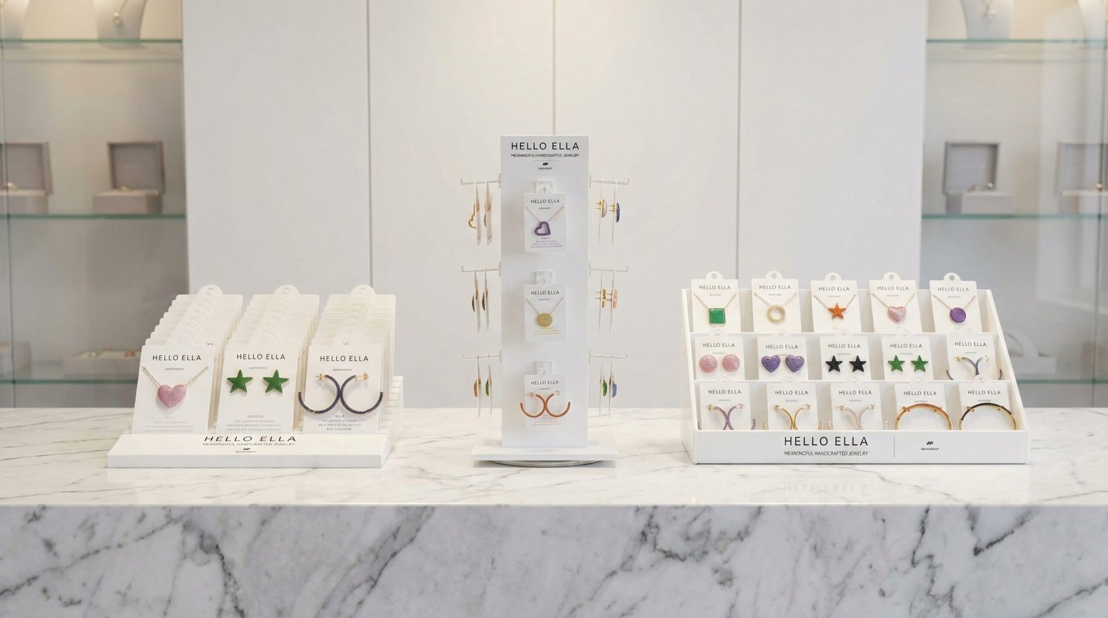 Creative 3-tier jewelry card display ideas for retail counters, featuring a white tiered stand for organized earring presentation.