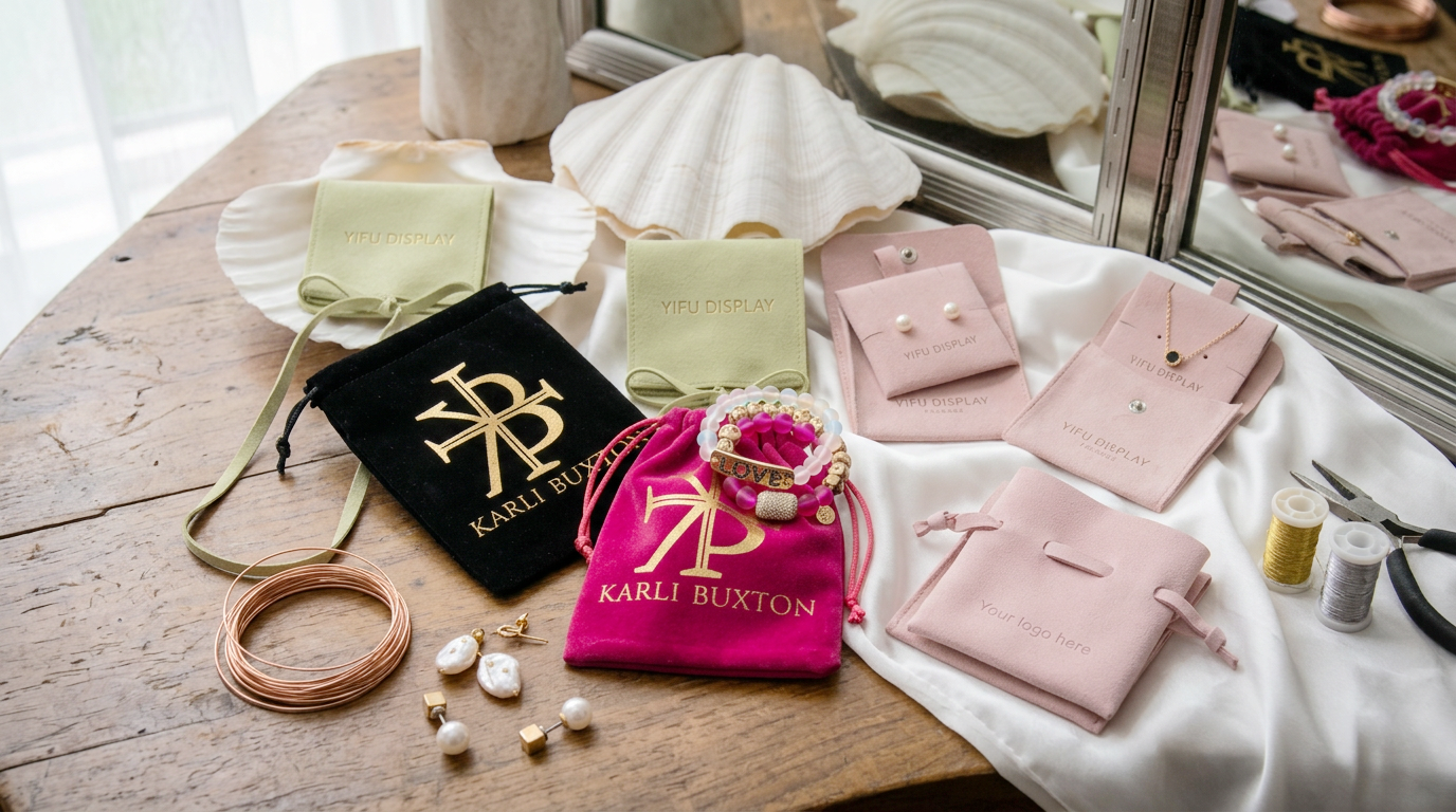 Professional jewelry pouch manufacturer providing custom drawstring bags with branded gold foil logo.