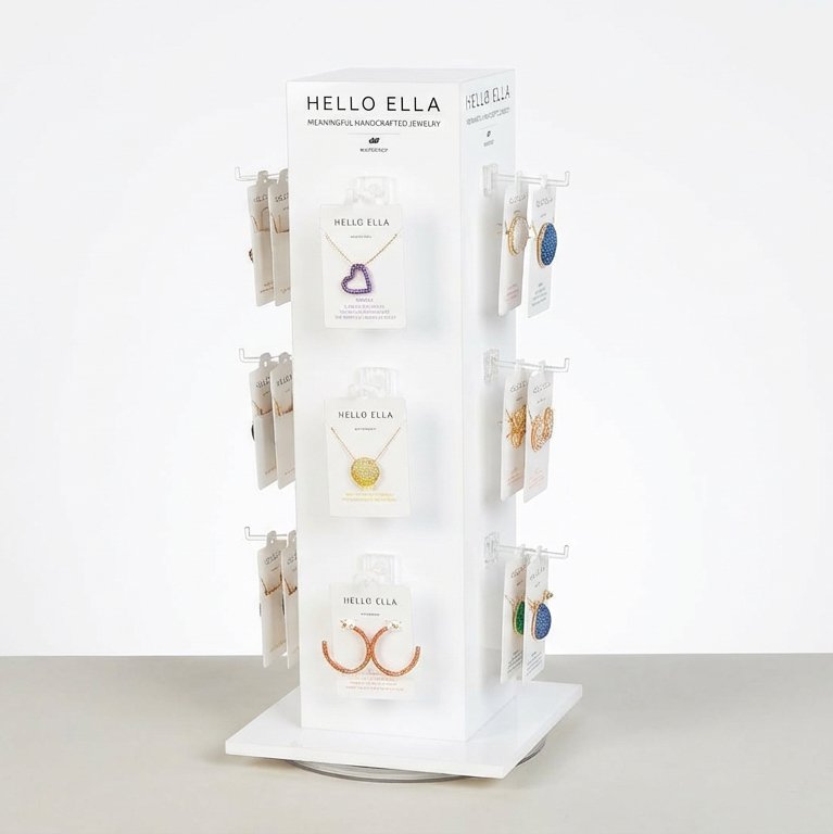 Jewelry Card Display - Rotating White Acrylic Stand for Necklaces & Earrings