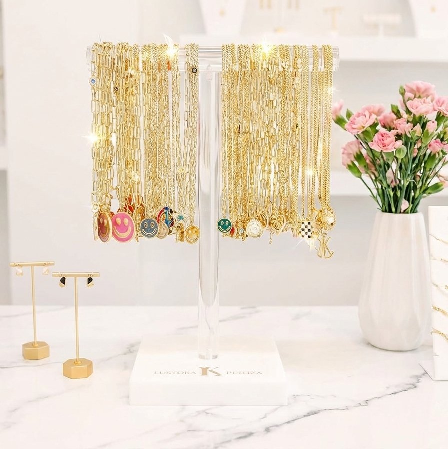 T Bar Necklace Stand Custom Logo Clear Acrylic & White Base