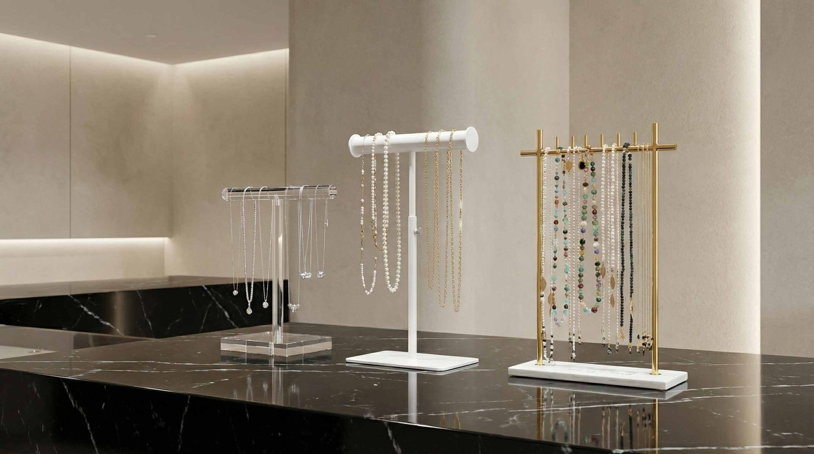 Creative necklace display ideas using an adjustable white metal T-bar stand to showcase varying chain lengths in a jewelry boutique.