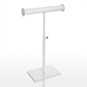 Adjustable white metal jewelry stand for necklaces and bracelets, featuring a 10 to 18-inch height range and custom logo base.