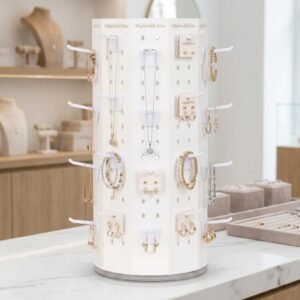 10-sided countertop rotating pegboard spinner display with 30 holes per side and custom logo for retail jewelry packaging