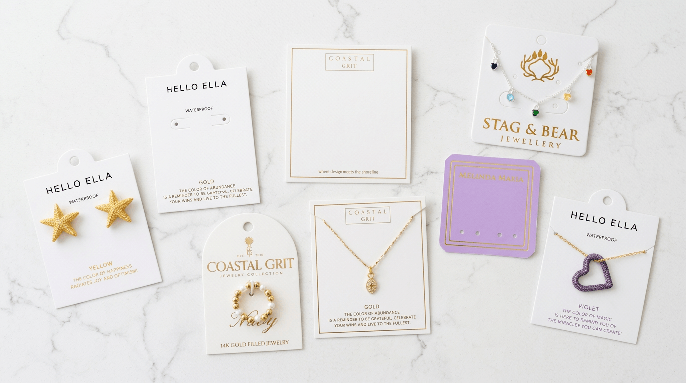 Personalized jewelry display cards for necklaces and earrings with custom embossed and gold foil logo branding.