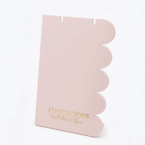 Elegant pink acrylic necklace holder with gold custom logo and side semi-circle design for boutique jewelry display