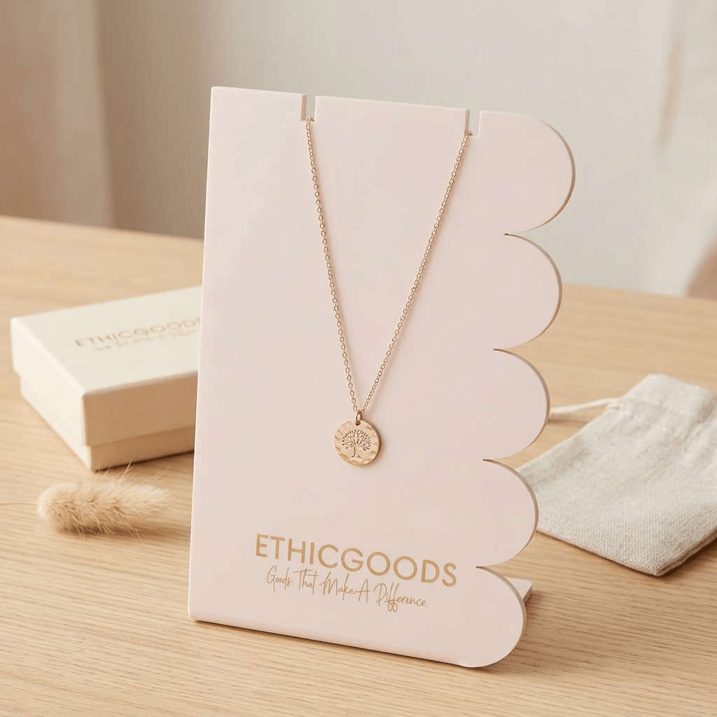 Acrylic Necklace Holder with Custom Pink Finish and Gold Logo