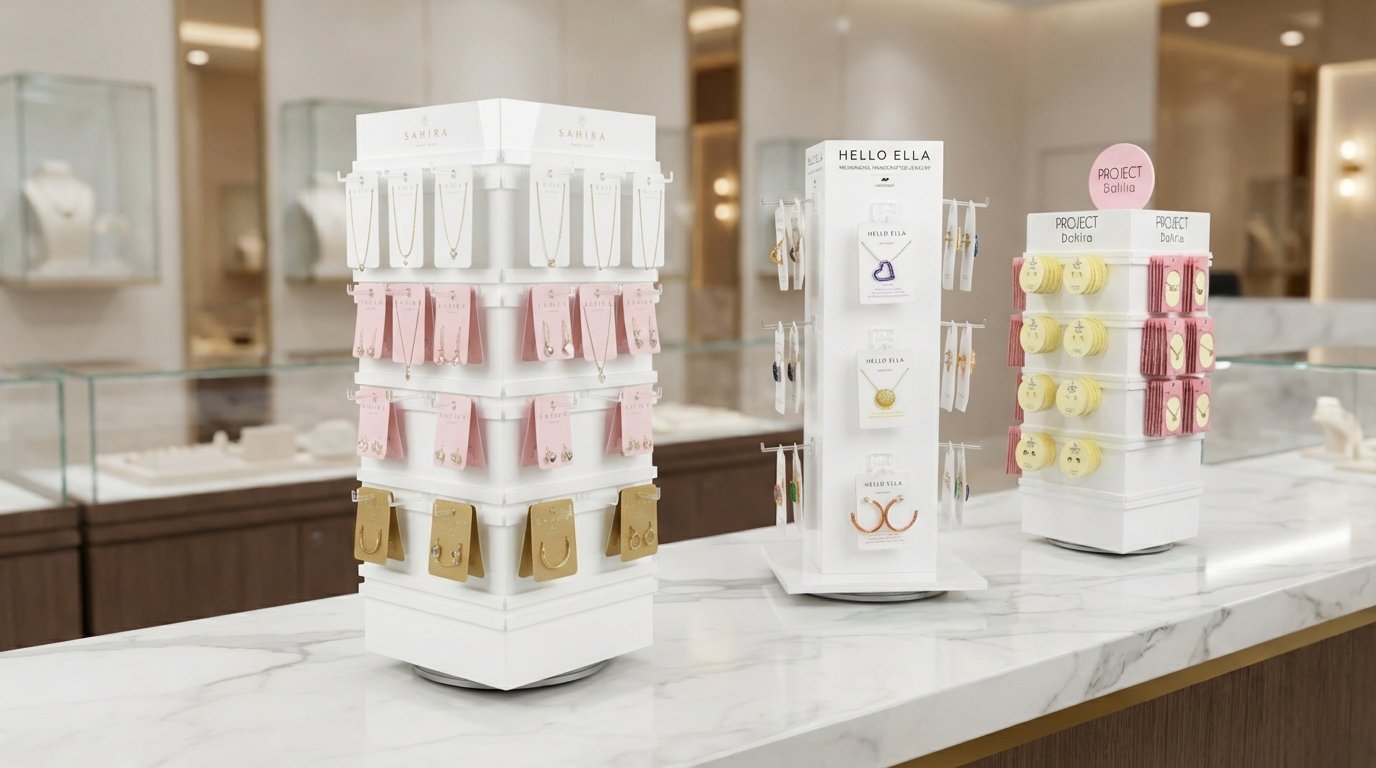 Rotating acrylic jewelry display stand with adjustable pegs for earring and bracelet cards.